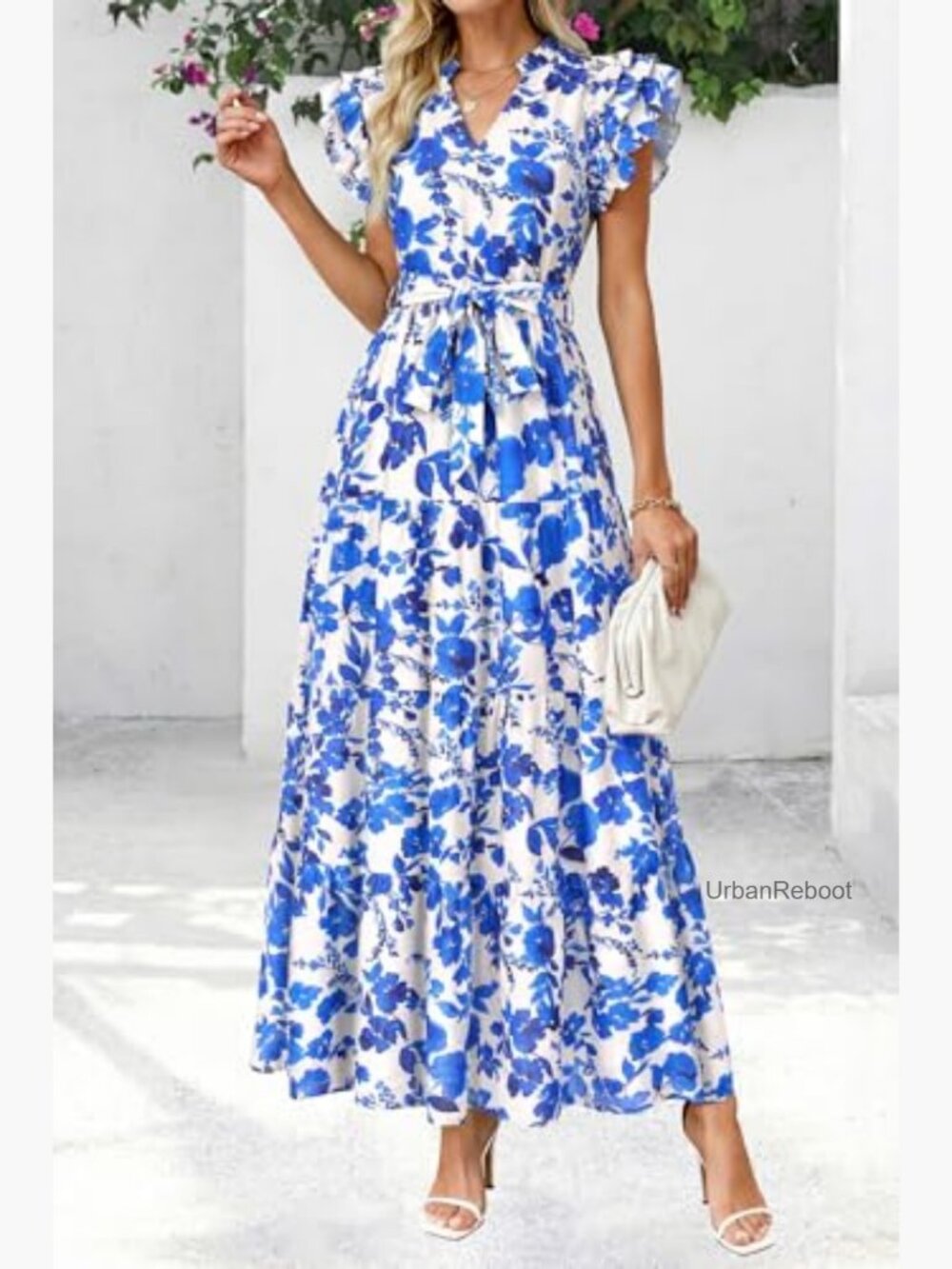 Maxi Dress with Pockets, Ruffle Sleeve, V Neck, Tiered - Picture 6 of 7